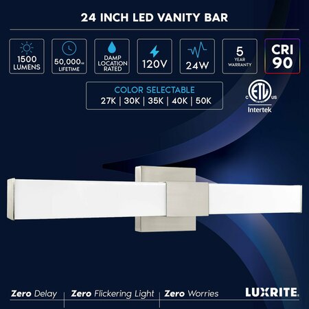 Luxrite 24 Inch Square LED Vanity Light Over Mirror Brushed Nickel 5CCT 2700K-5000K 24W 1500LM Dimmable ETL LR32176-1PK